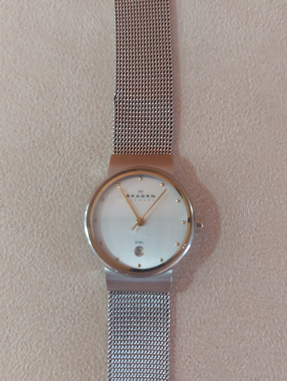 Skagen Silver Mesh Watch with White Dial and Gold Accents